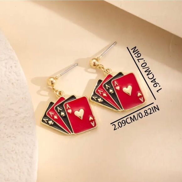 18k Gold Plated Stainless Steel Stack of Ace Cards Earrings - Picture 3 of 5